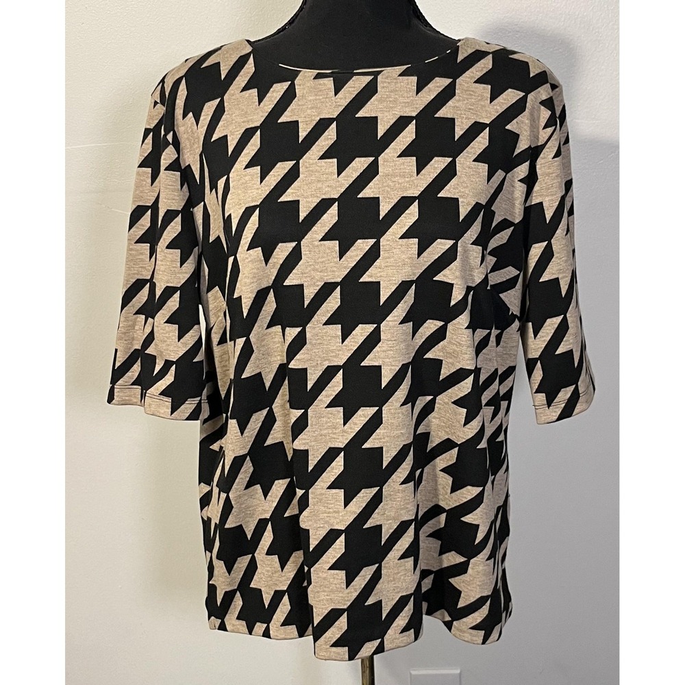 Liz Claiborne Blouse Womens XL Black Tan Houndstooth 3/4 Sleeve Stretch Top